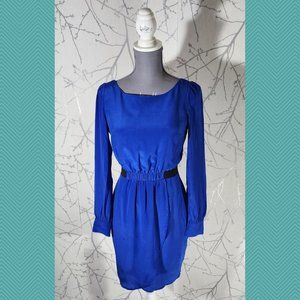 Aryn K. Royal Blue Silk Cinch Waist Long Sleeve Dress